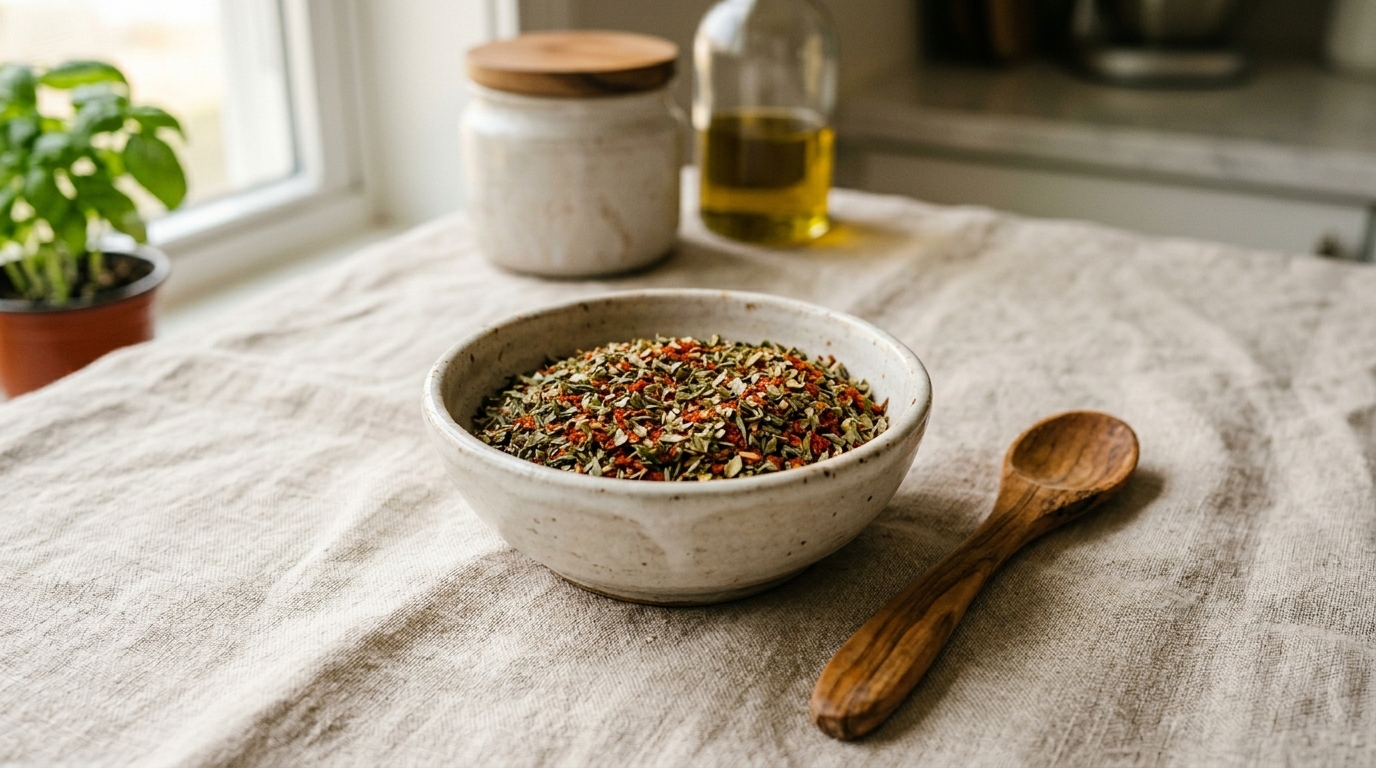 Bol mic cu amestec de ierburi aromatice uscate și boia, lângă o lingură de lemn pe o masă luminoasă